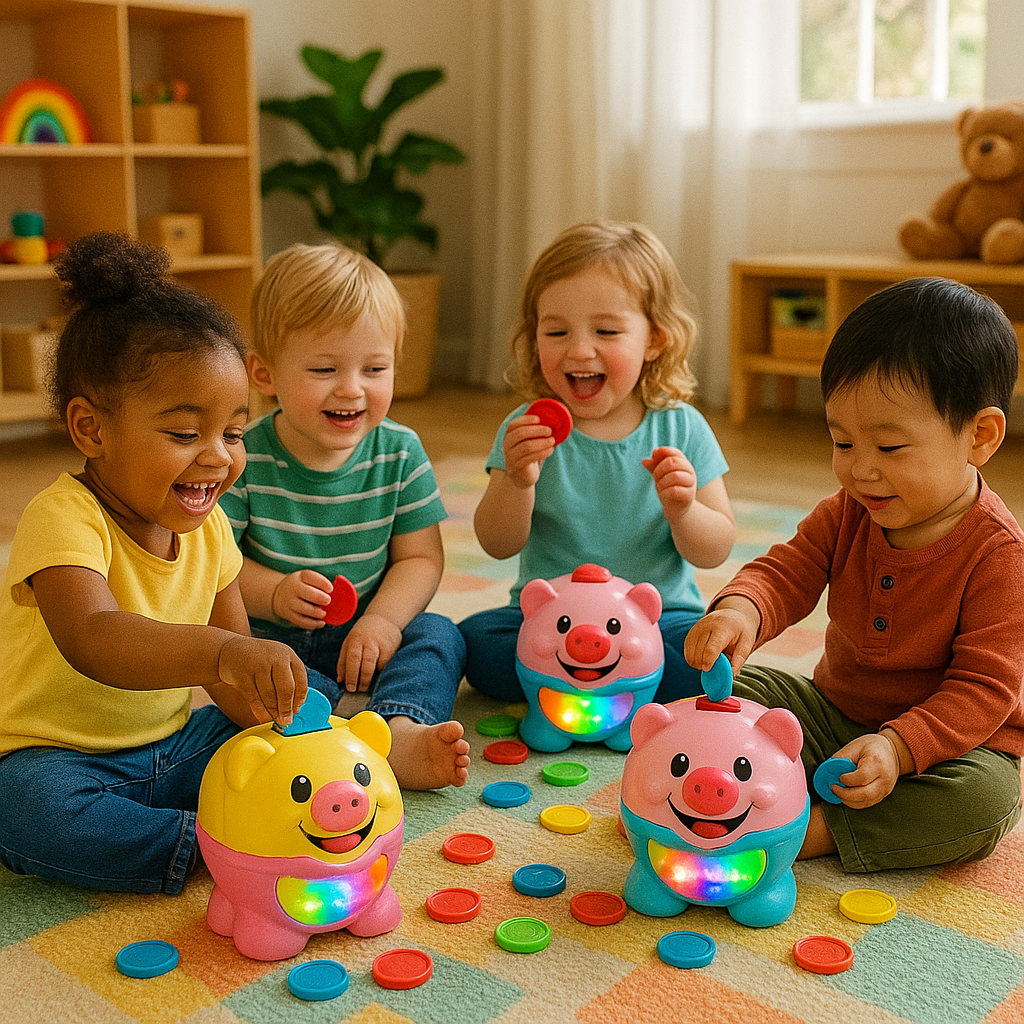 Toddlers playing with piggy bank