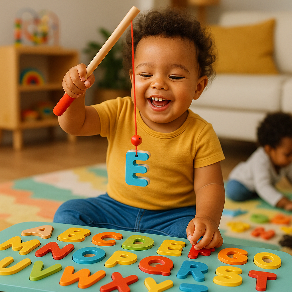 Toddler playing with magnetic wooden fishing toy