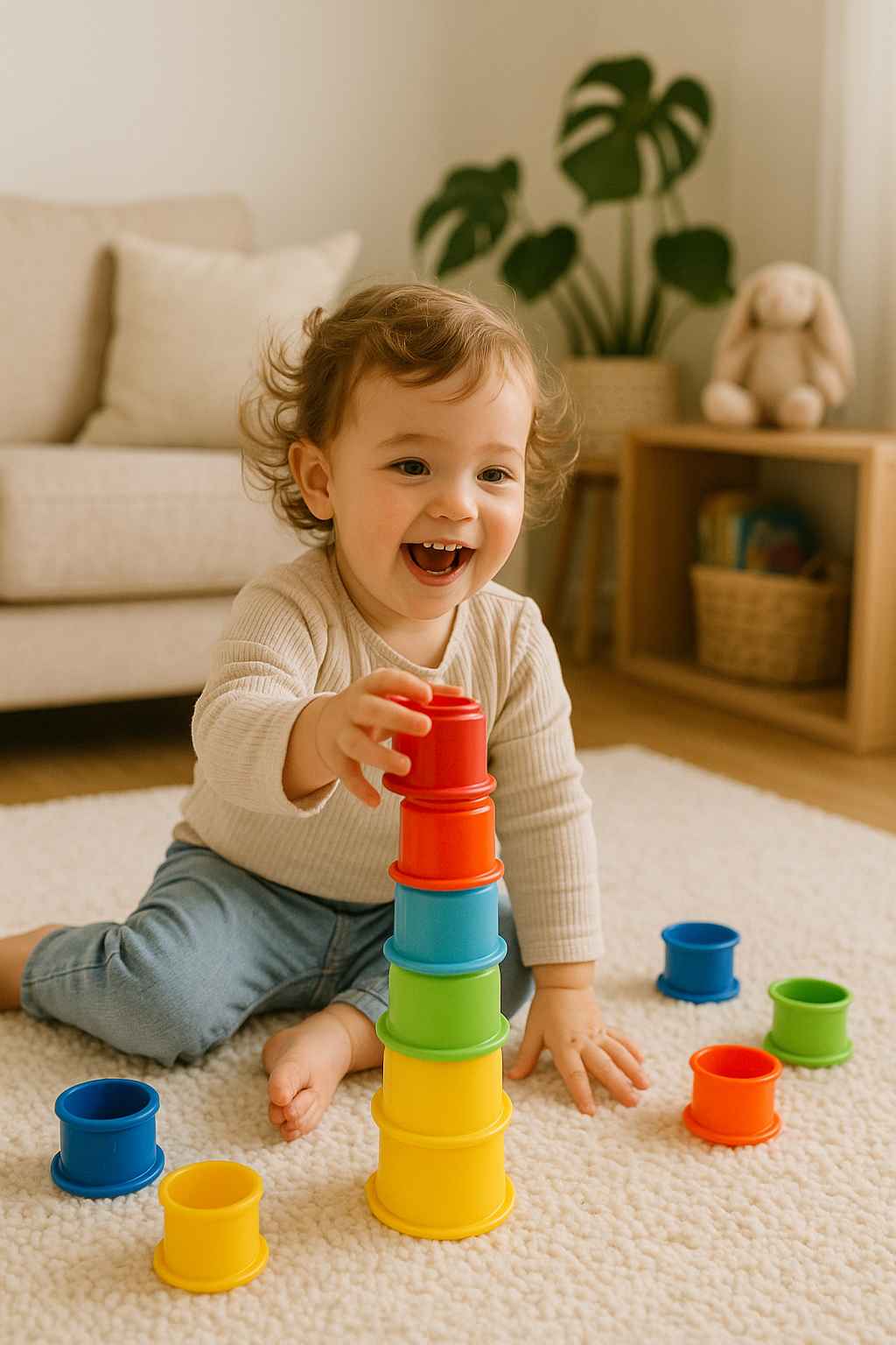 Happy toddler eating with colorful tools and joyful atmosphere
