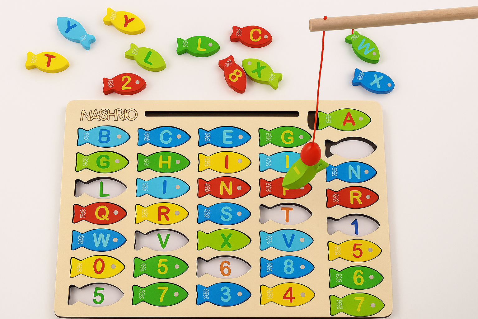 Magnetic Wooden Fishing Game Toy for Toddlers, ABC & Math Fun