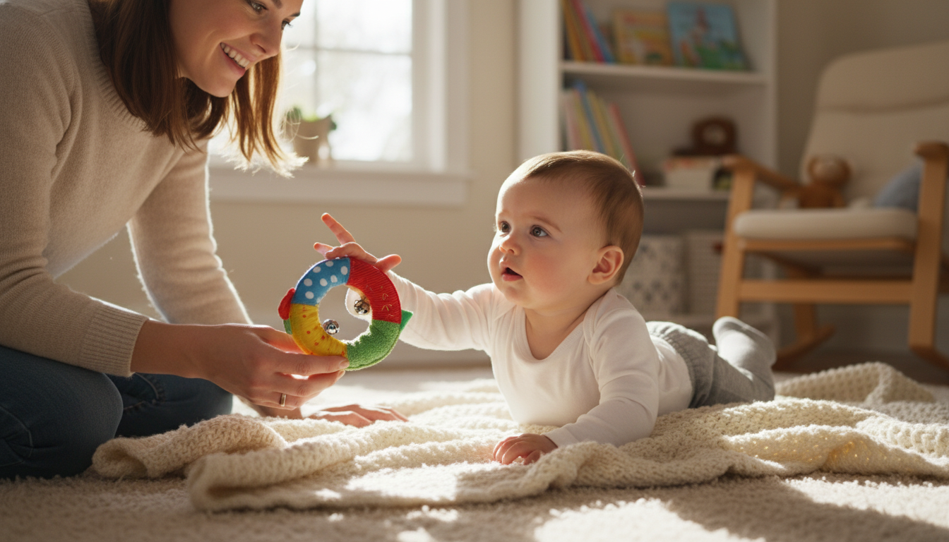 Encouraging Early Growth: toddler touching colorful wrist rattles