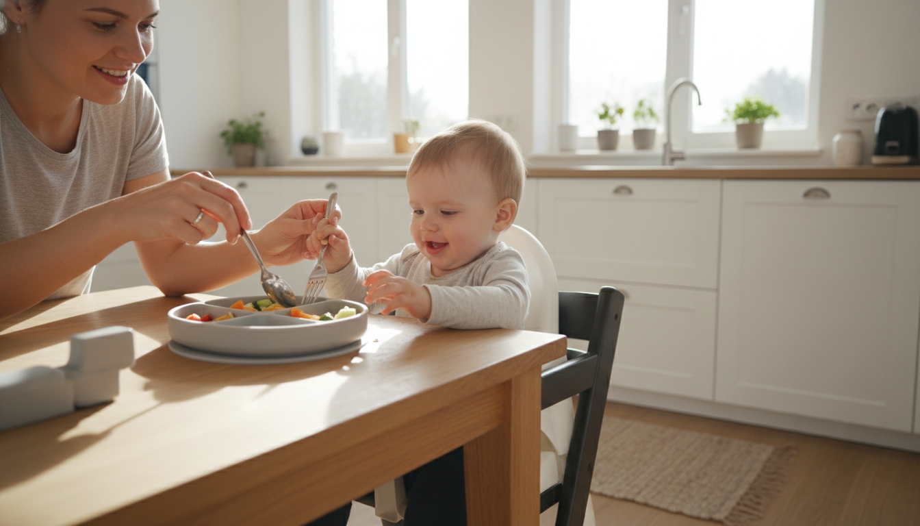 How a Construction Themed Toddler Dinner Set Transforms Mealtime – toddler using utensils