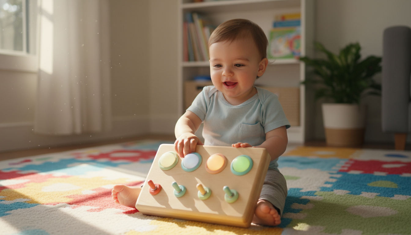 The Busy Board Montessori Wooden Sensory Toy colorful LED switches and shape sorter