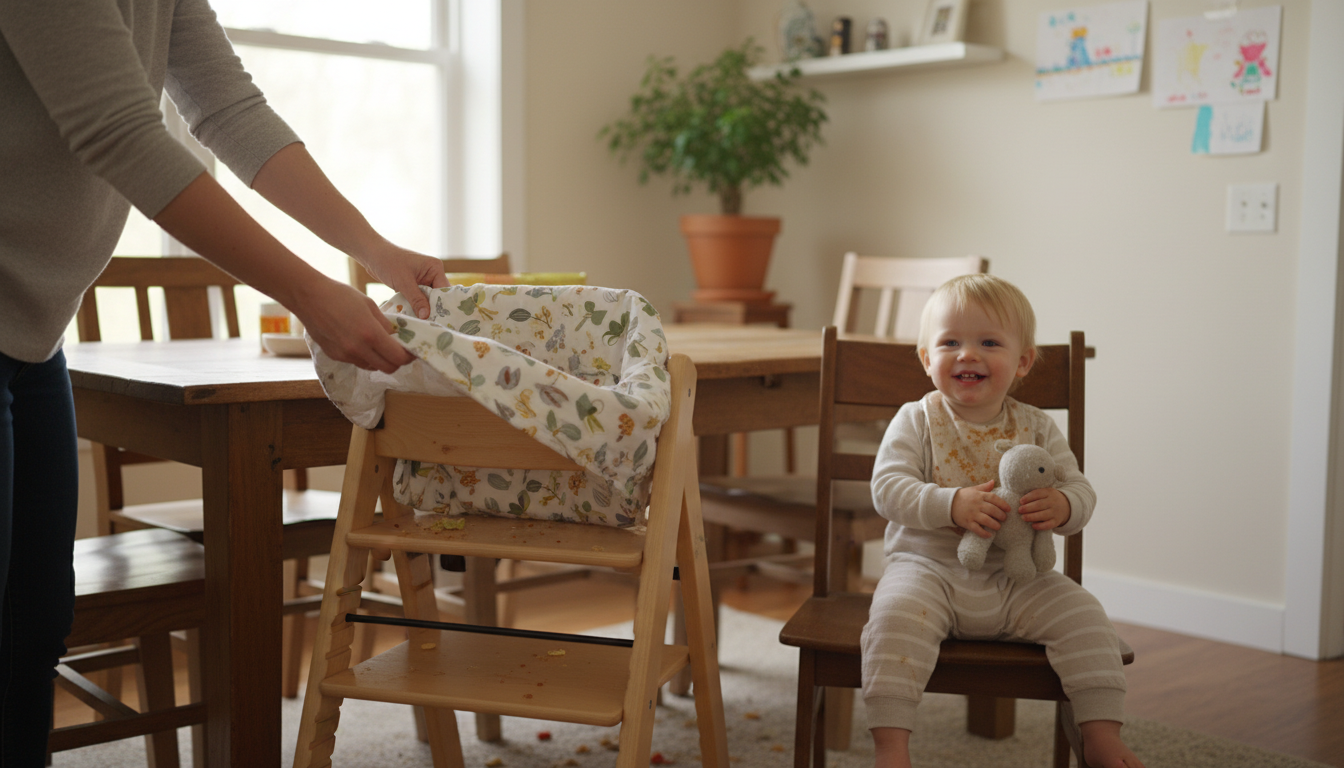 Meet the Cowiewie Natural Wooden Adjustable Baby High Chair: Your Mealtime MVP – baby seated securely