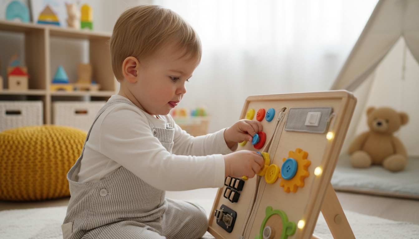 Meet the Buckle Toys Green Busy Board for Toddlers close up with buckles