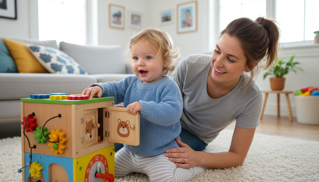 Spotlight on the Battat Farm-Themed Wooden Activity Cube for Toddlers toddler exploring cube features
