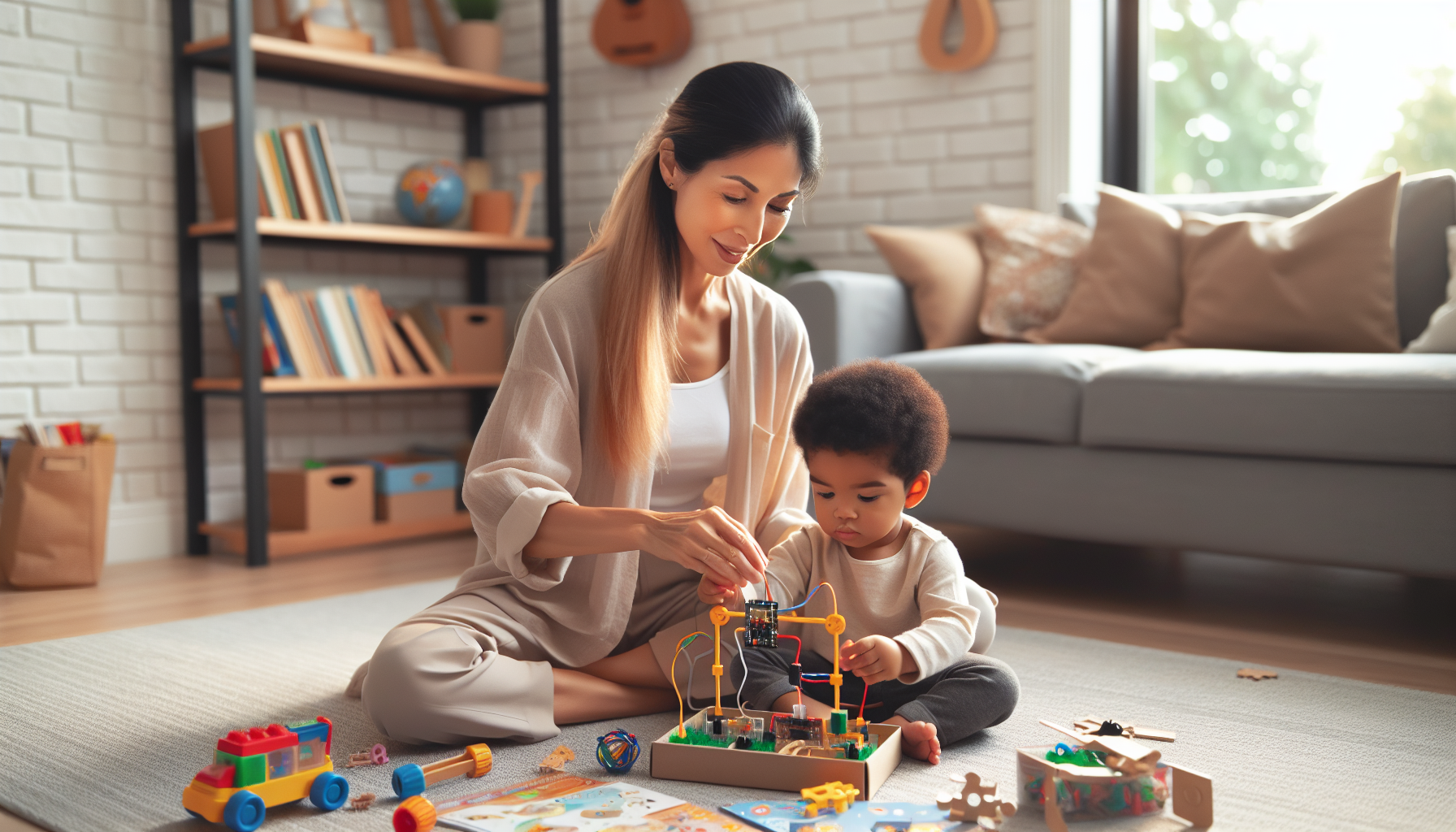 Toddler experimenting with Snap Circuits pieces on a table